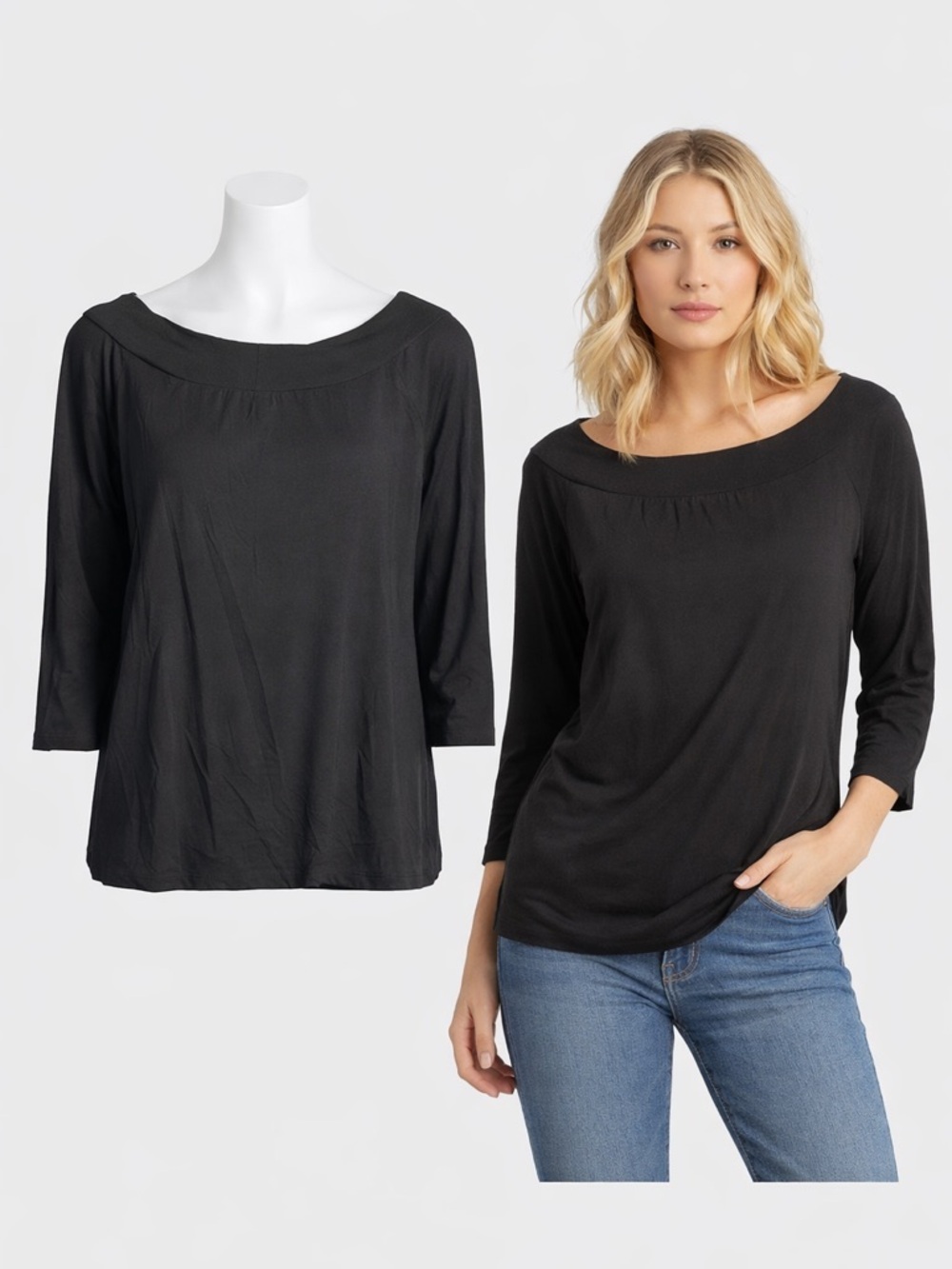 Michael Stars | Black Boat Neck Top | OS | Rayon Stretch 3/4 Sleeve Casual